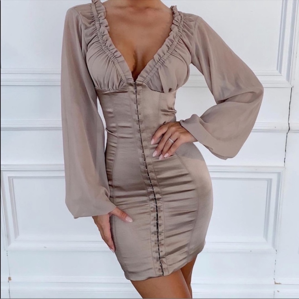 House of CB Tan Ruched Sweetheart Mini Dress